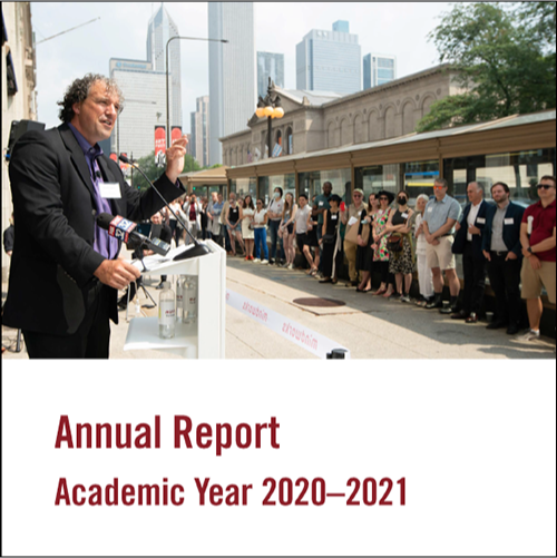 2021 annual report cover featuring Nick Epley speaking to a crowd outside Mindworks