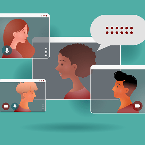 Illustration of four people video-conferencing on a teal background